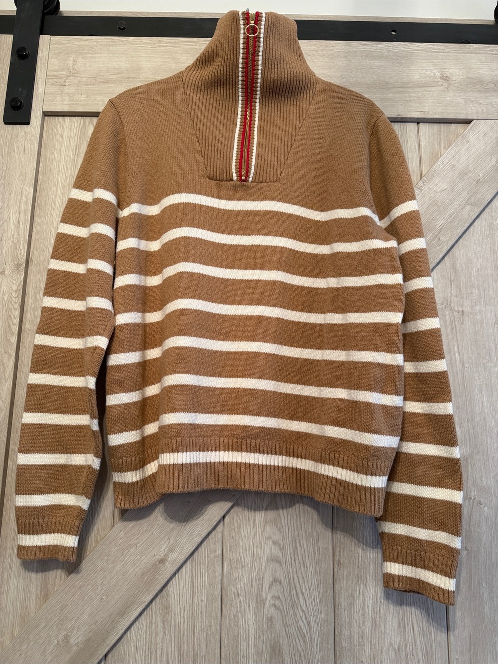 J. Crew Women's Brown and Cream Striped Zip-Neck Sweater